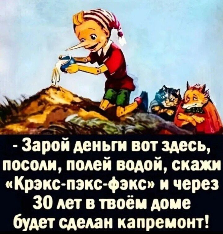 Зарой деньги вот здесь, посоли, полей водой, скажи «Крэкс-пэкс-фэкс» и через 30 лет в твоём доме будет сделан капремонт!