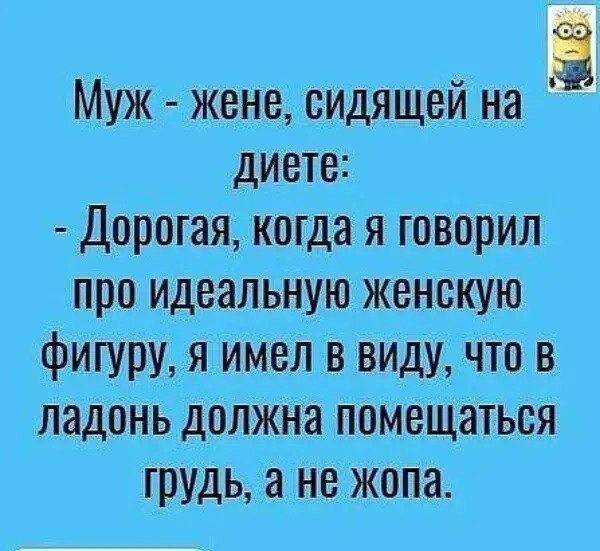 Муж - жене, сидящей на диете: - Дорогая, когда я говорил про идеальную женскую фигуру, я имел в виду, что в ладонь должна помещаться грудь, а не жопа.