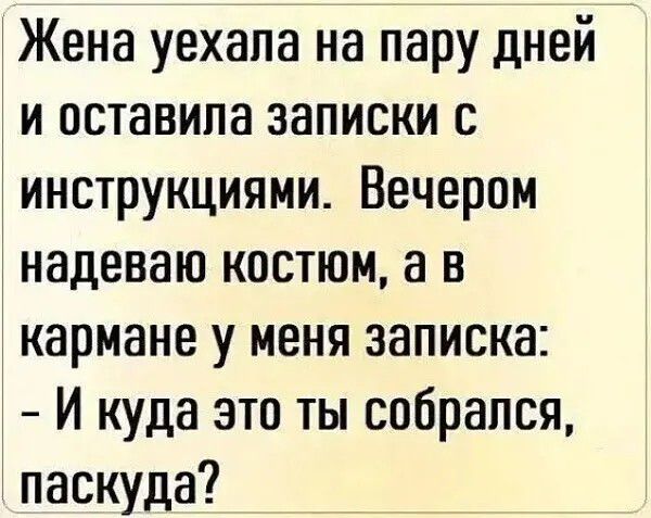 Жена уехала на пару дней и оставила записки с инструкциями. Вечером надеваю костюм, а в кармане у меня записка: - И куда это ты собрался, паскуда?