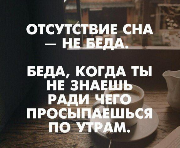 ОТСУТСТВИЕ СНА — НЕ БЕДА. БЕДА, КОГДА ТЫ НЕ ЗНАЕШЬ РАДИ ЧЕГО ПРОСЫПАЕШЬСЯ ПО УТРАМ.