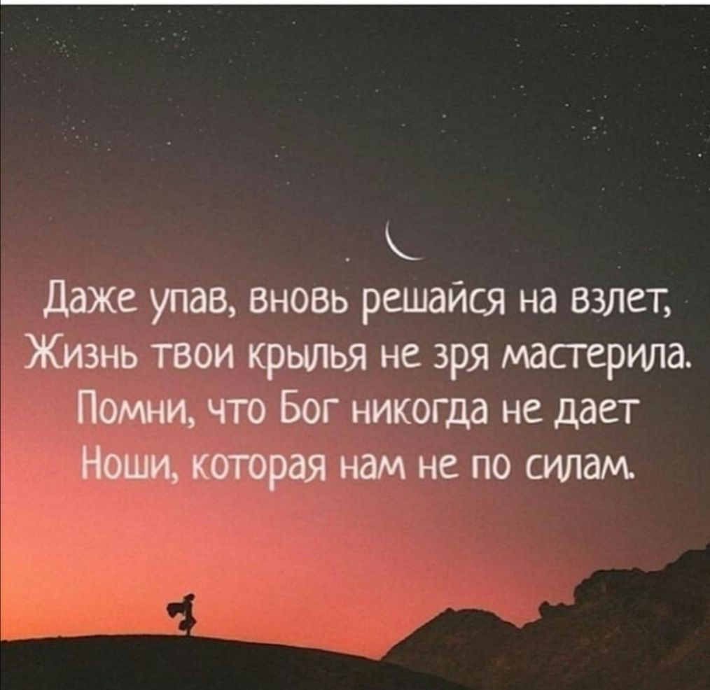 Даже упав вновь решайся на взлет Жизнь твои крылья не зря мастерилд Помни что Бог никогда не дает Ноши которая нам не по силам