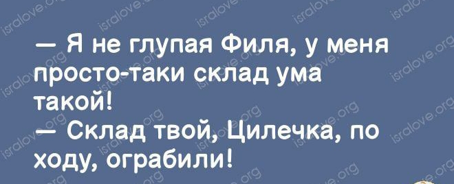 я не глупая филя, у меня простотаки склад ума такой!  Склад твой, цилечка, по ходу, ограбили!