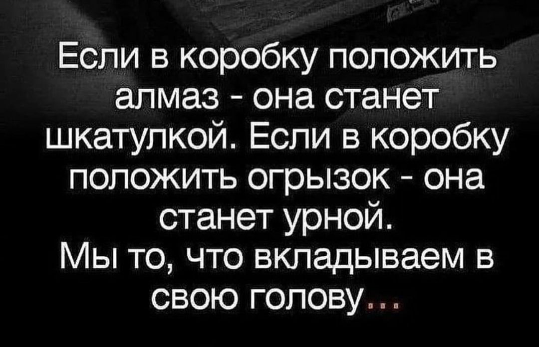 Если в коробку положить алмаз она станет шкатулкой Если в коробку положить огрызок она станет урной Мы то что вкладываем в свою голову