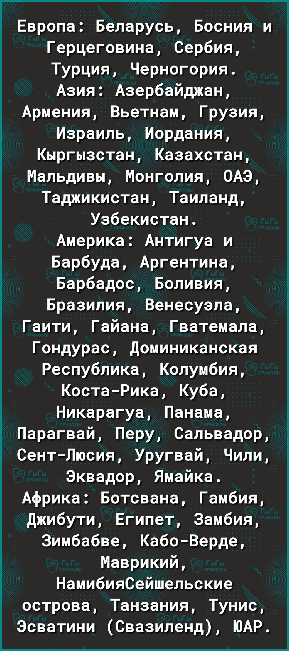 7 ___ ___ 7 _ Европа Беларусь Босния и Герцеговина Сербия Турция Черногория Азия Азербайджан Армения Вьетнам Грузия Израиль Иордания Кыргызстан Казахстан Мальдивы Монголия ОАЭ Таджикистан Таиланд Узбекистан Америка Антигуа и Барбуда Аргентина Барбадос Боливия Бразилия Венесуэла Гаити Гайана Гватемала Гондурас доминиканская Республика Колумбия КостаРика Куба Никарагуа Панама Парагвай Перу Сальвадор
