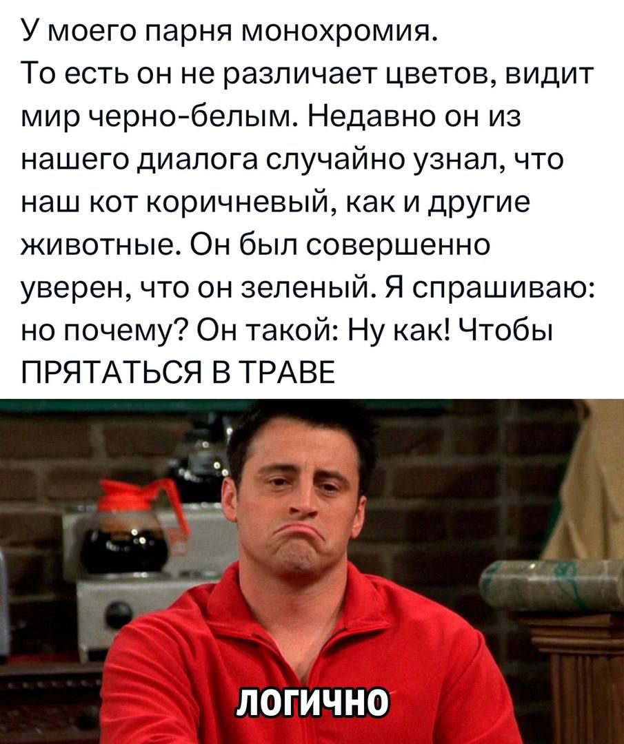 У моего парня монохромия То есть он не различает цветов видит мир черноебепым Недавно он из нашего диалога случайно узнал что наш кот коричневый как и дрУгие животные Он был совершенно уверен что он зеленый Я спрашиваю но почему Он такой Ну как Чтобы ПРЯТАТЬСЯ ВТРАВЕ