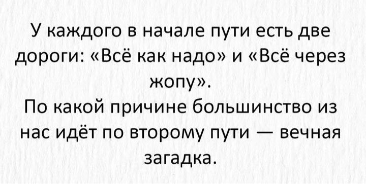 У каждого в начале пути есть две дороги Всё как надо и Всё через жопу По какой причине большинство из нас идёт по второму пути вечная загадка