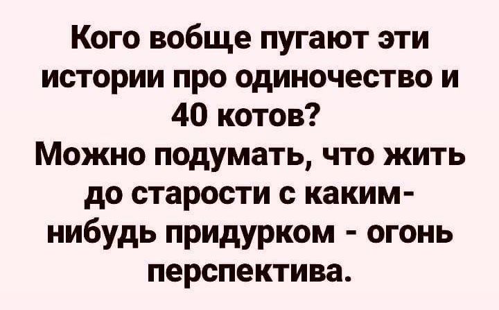 Кого вобще пугают эти истории про одиночество и 40 котов Можно подумать что жить до старости с каким нибудь придурком огонь перспектива