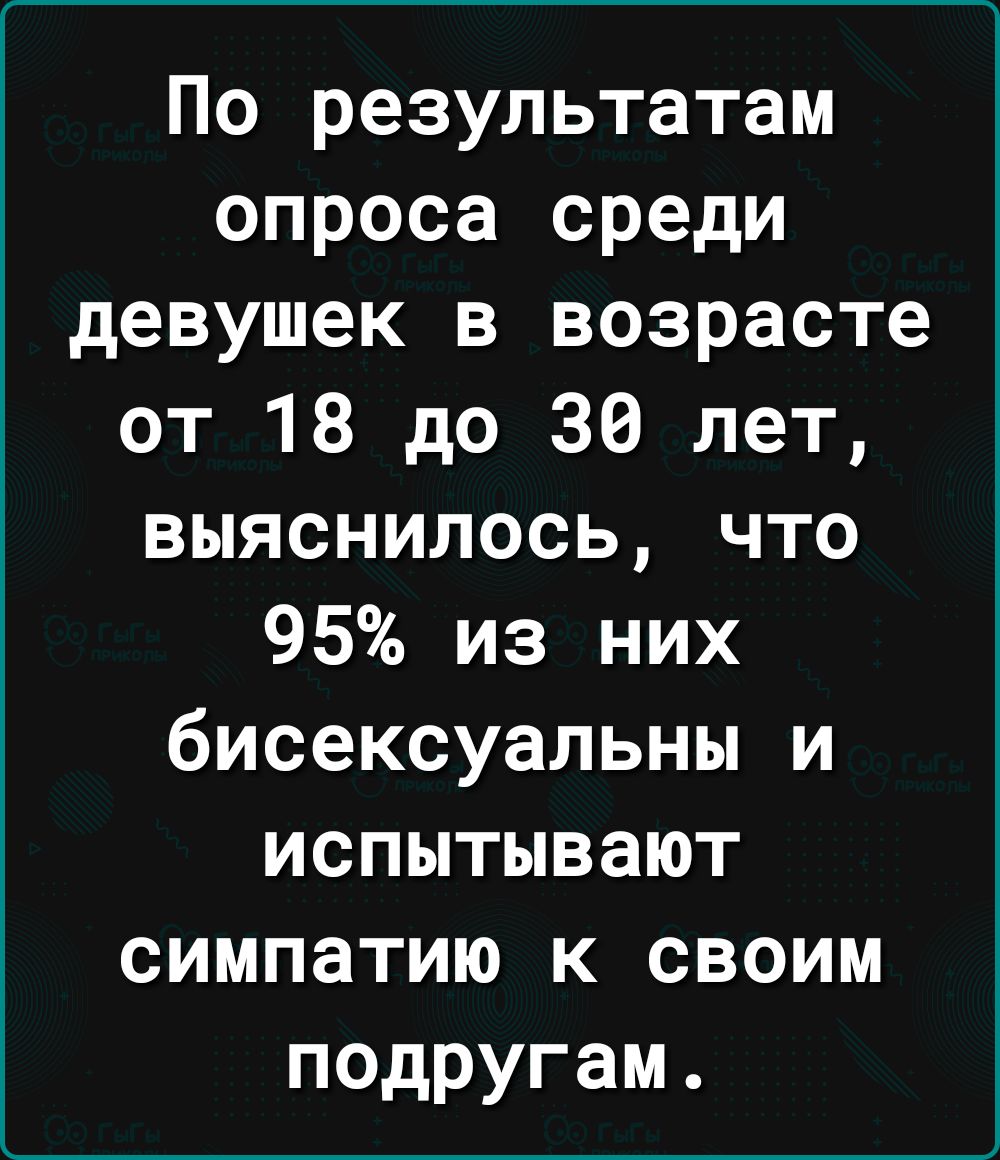 По результатам опроса среди девушек в возрасте от 18 до 30 лет выяснилось что 95 из них бисексуальны и испытывают симпатию к своим подругам