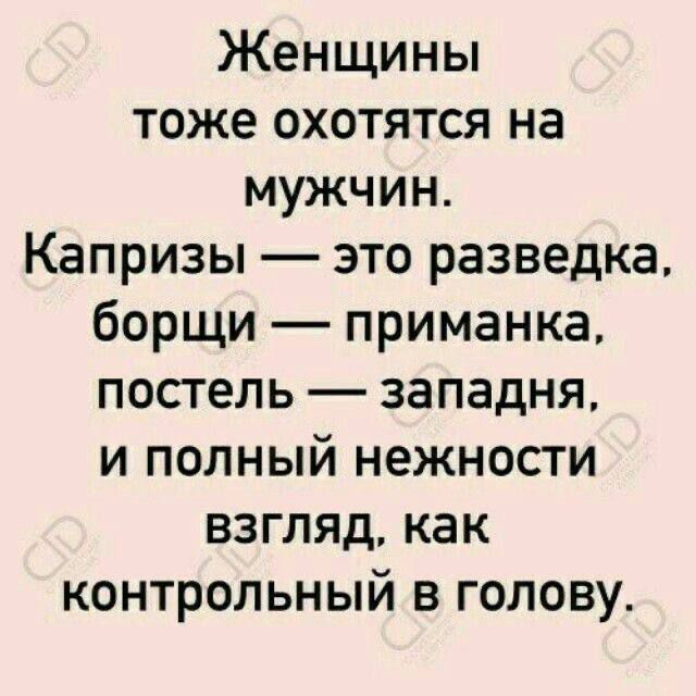 Женщины тоже охотятся на мужчин Капризы это разведка борщи приманка постель западня и полный нежности вЗгляд как контрольный в голову