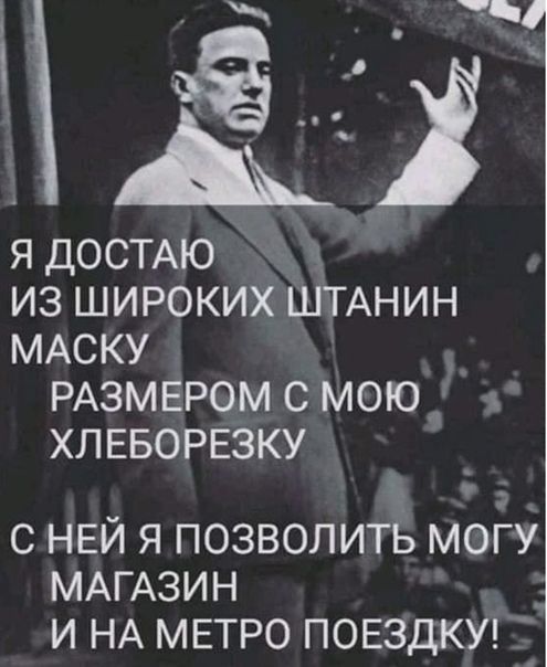 Я ДОСТАЮ ИЗ ШИРОКИХ ШТАНИН МАСКУ РАЗМЕРОМ С М0Ю_ ХЛЕБОРЕЗКУ _ С НЕЙ Я ПОЗВОЛИТЬ МОГУ МАГАЗИН И НА МЕТРО ПОЕЗДКУ