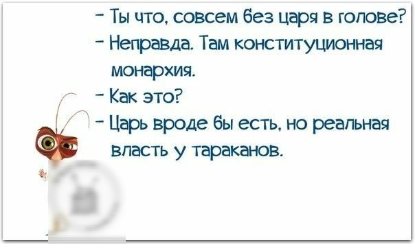 Ты что совсем без царя в голове Неправда Там конституционная монархия Как это Царь вроде бы есть но реальная ВПБСТЬ у тараканов