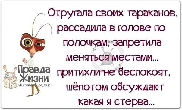Отругапа своих тараканов рассадипа в голове по попочкамзтзапретипа меняться местами ЧБЁВДЁ притихли не беспокоят чу шёпотом обсуждают какая я стерва