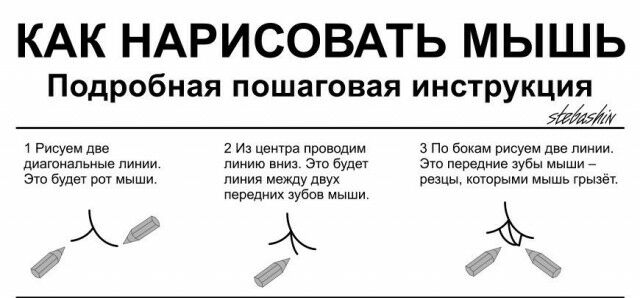 КАК НАРИСОВАТЬ МЫШЬ Подробная пошаговая инструкция 9260 1 Рисуем дее 2 Из центра проводим 3 Пр бакам рисуем две линии диагональные линии линию вниз Эт будет 3 передние зубы мыши _ Эю будт рщ мыши линия между двух овзцьц торыми мышь грызе передних зубов мыши