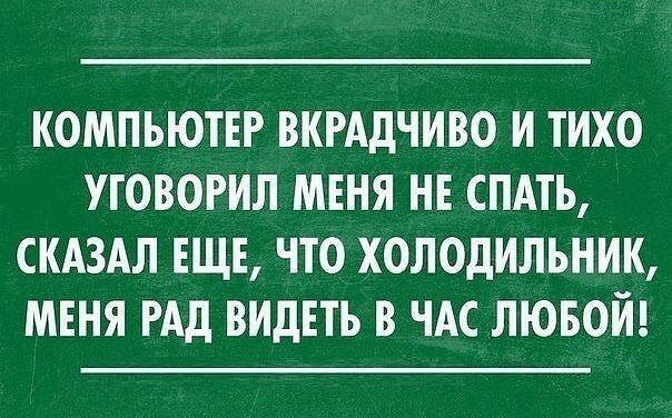 КОМПЬЮТЕР ВКРАДЧИВО И ТИХО УТОВОРИЛ МЕНЯ НЕ СПАТЬ СКАЗАЛ ЕЩЕ ЧТО ХОЛОДИЛЬНИК МЕНЯ РАД ВИДЕТЬ В ЧАС ЛЮБОЙ
