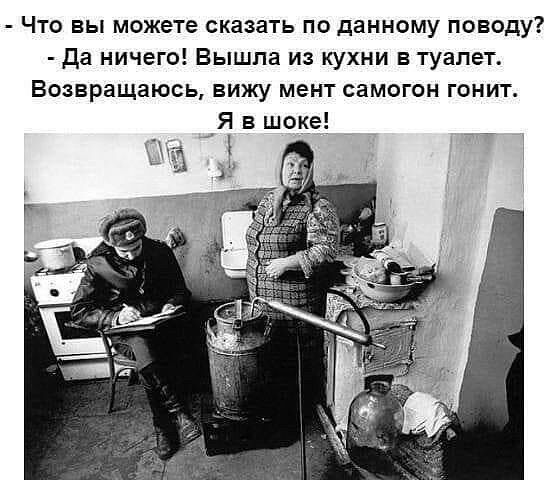 Что вы можете сказать по данному поводу да ничего Вышла из кухни в туалет Возвращаюсь вижу мент самогон гонит