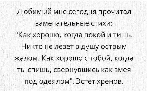 Любимый мне сегодня прочитал замечательные стихи Как хорошо когда покой и тишь Никто не лезет в душу острым жалом Как хорошо с тобой когда ты спишь свернувшись как змея под одеялом Эстет хренов