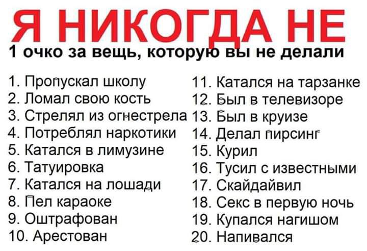 Я НИКОГДА НЕ 1 очко за вещь котору не делали 1 Пропускал школу по Катался на тарзанке 2 Ломал свою кость 12 Был в телевизоре 3 Стрелял из огнестрепа 13 Был в круизе 4 Потреблял наркотики 14с Делал пирсинг 5 Катался в лимузине 15 Курил 6 Татуировка 16 Тусип с известными 7 Катался на лошади 17 Скайдайвип 8 Пел караоке 18 Секс в первую ночь 9 Оштрафован 19 Купался нагишом 10 Арестован 20 Напивапся