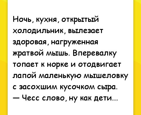 Ночь кухня открытый холодильник вылезает здоровая нагруженная кратвой мышь Вперевалку топает к норке и отодвигает лапой маленькую мышеловку с засохшим кусочком сыра Чесс слово ну как дети