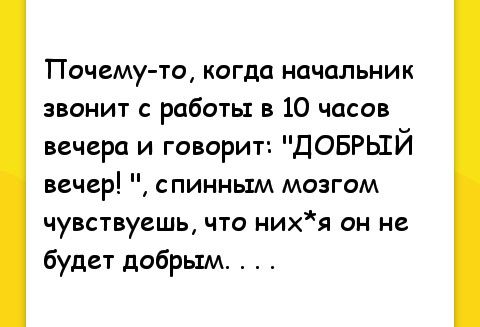 Почему то когда начальник звонит с работы в 10 часов вечера и говорит ДОБРЫЙ вечер спинным мозгом чувствуешь что ния он не будет добрым