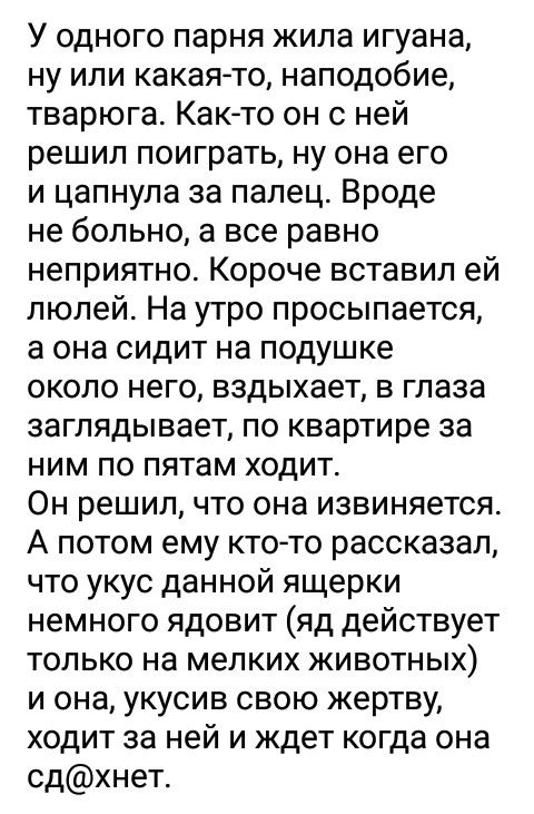 У одного парня жила игуана ну или какая то наподобие тварюга Както он с ней решил поиграть ну она его и цапнула за палец Вроде не больно а все равно неприятно Короче вставил ей люлей На утро просыпается а она сидит на подушке около него вздыхает в глаза заглядывает по квартире за ним по пятам ходит Он решил что она извиняется А потом ему кто то рассказал что укус данной ящерки немного ядовит яд де