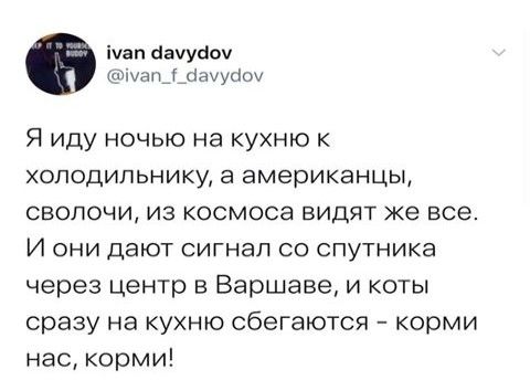 іхап иаууаоу туап__іауукіоу Я иду ночью на кухню к холодильнику а американцы СВОЛОЧИ из космоса БИДЯТ же все И ОНИ ДЭЮТ СИГНЭП СО СПУТНИКЕ через центр в Варшаве и коты сразу на кухню сбегаются корми нас корми