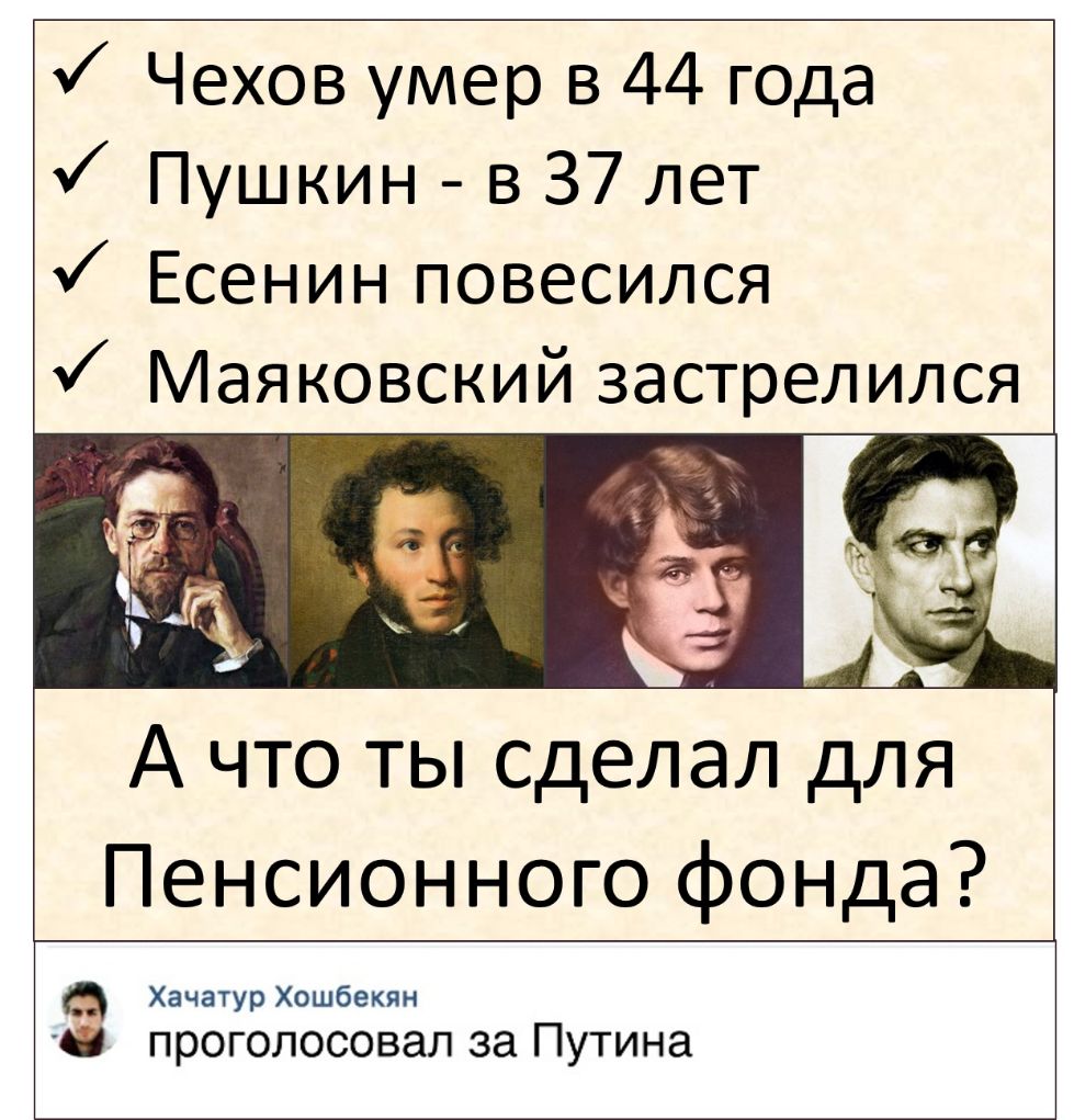 Чехов умер в 44 года Пушкин в 37 лет Есенин повесился Маяковский застрелился А что ты сделал для Пенсионного фонда Хачатур Хошбекян проголосовал за Путина