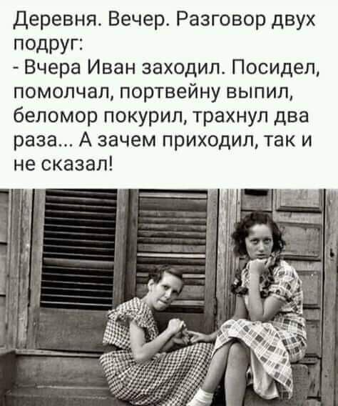 деревня Вечер Разговор двух подруг Вчера Иван заходил Посидел помолчал портвейну выпил беломор покурил трахнул два раза А зачем приходил так и не сказал
