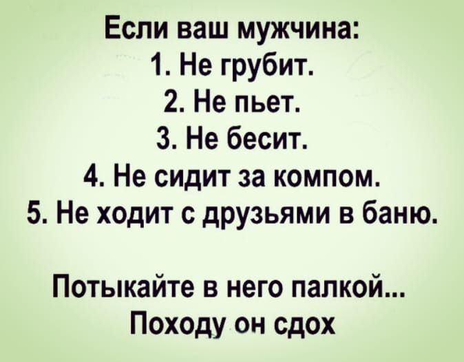 Если ваш мужчина 1 Не грубит 2 Не пьет 3 Не бесит 4 Не сидит за компом 5 Не ходит с друзьями в баню Потыкайте в него палкой Пох0ду он сдох