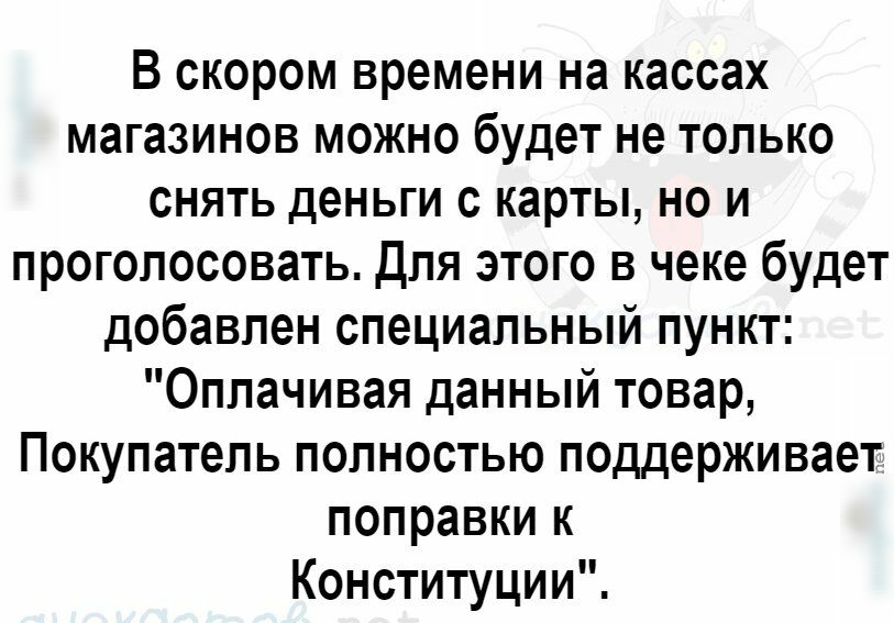 В скором времени на кассах магазинов можно будет не только снять деньги с карты но и проголосовать Для этого в чеке будет добавлен специальный пункт Оплачивая данный товар Покупатель полностью поддерживает поправки к Конституции