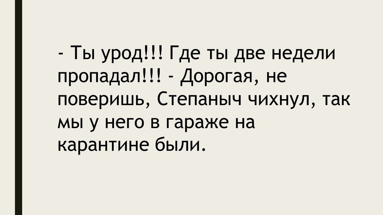 Ты урод Где ты две недели пропадал Дорогая не поверишь Степаныч чихнул так мы у него в гараже на карантине были