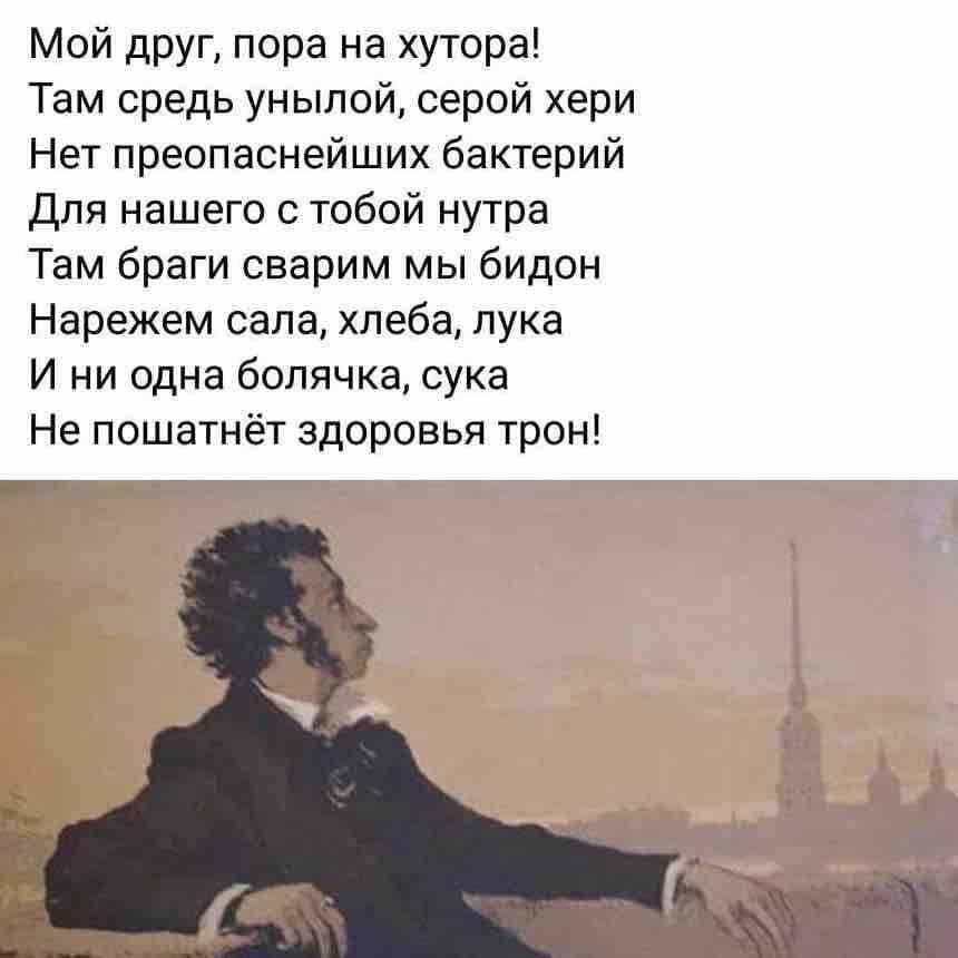 Мой друг пора на хутора Там средь унылой серой хери Нет преопаснейших бактерий Для нашего с тобой нутра Там браги сварим мы бидон Нарежем сала хлеба лука И ни одна болячка сука Не пошатнёт здоровья трон