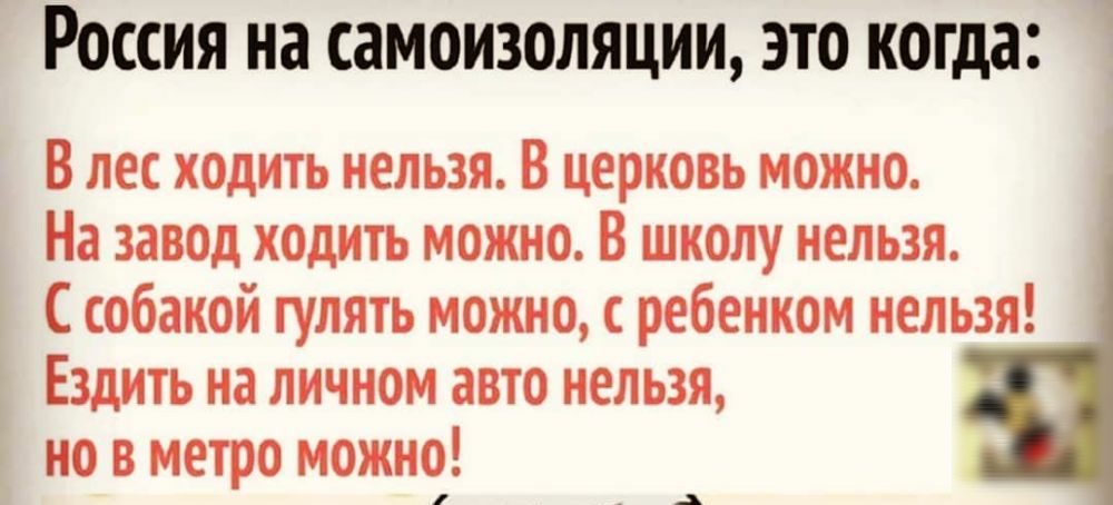 Россия на самоизоляции это когда В лес ходить нельзя В церковь можно На завод ходить можно В школу нельзя С собакой гулять можно с ребенком нельзя Ездить на личном авто нельзя но в метро можно _