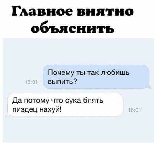 ГАавное внятно объяснить Почему ты так любишь выпить Да потому что сука блять пиздец нахуй