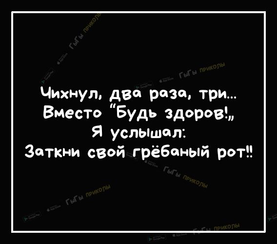 Чихнул два раза три Вместо Будь здоров Я усльшел Заткни свой грёбаный рот