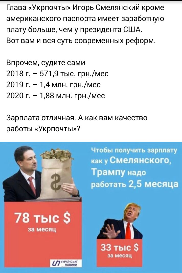 Глава Укрпочты Игорь Смелянский кроме американского паспорта имеет заработную плату большечем у президента США Вот вам и вся суть современных реформ Впрочем судите сами 2018 г 5719 тыс грнмес 2019 г 14 млн грнмес 2020 г 188 млн грнмес Зарплата отличная А как вам качество работы Укрпочты 78 тыс за месяц 33 тыс 38 месяц