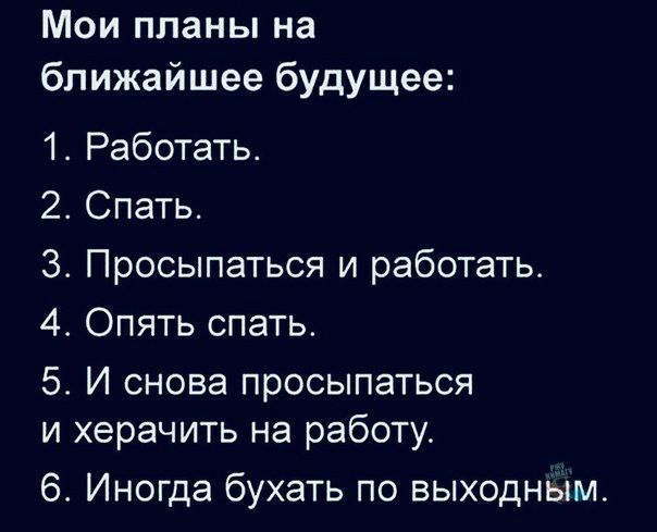 Мои планы на ближайшее будущее 1 Работать 2 Спать Просыпаться и работать 4 Опять спать 5 И снова просыпаться и херачить на работу 6 Иногда бухать по выходным