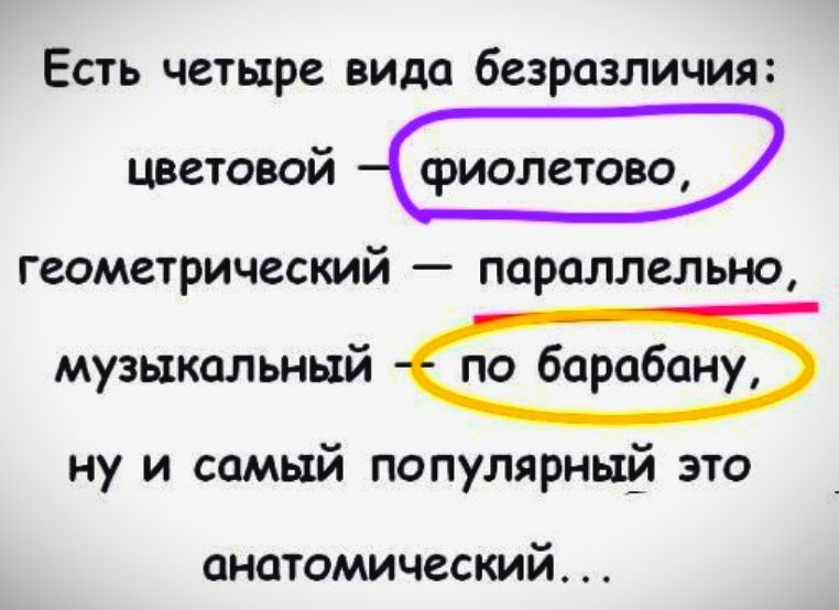 Есть четыре вида безразличия цветовой фиолетово ГСОМЗТРИЧССКИЙ _ ПОРОЛЛСЛ ЬНО музыкальный по барабану ну и самый популярный это анатомический