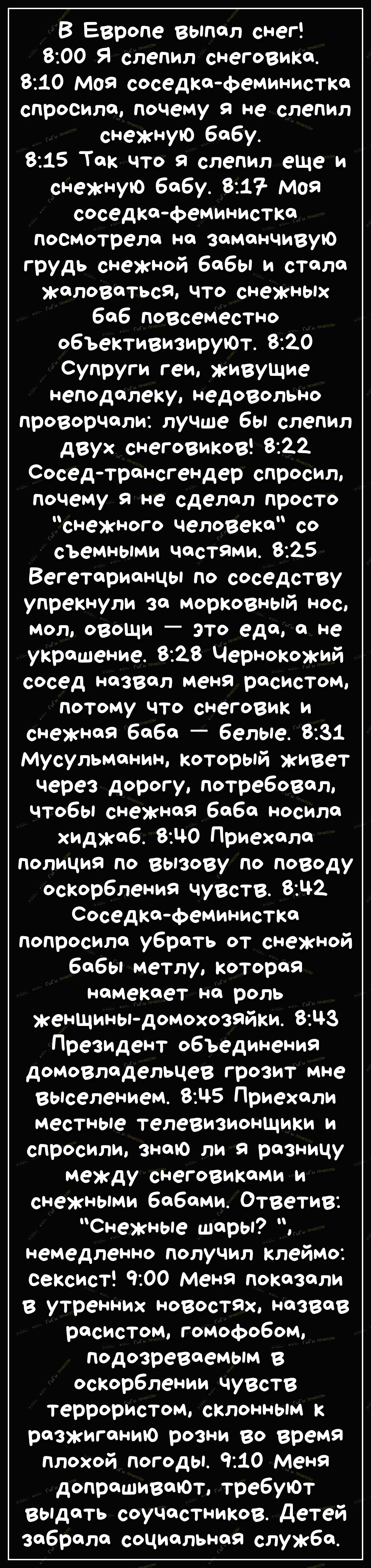В Европе выпал снег 800 Я слепил снеговика 810 Моя соседка феминистка спросила почему я не слепил снежную бабу 815 Так что я слепил еще и снежную бабу 81 моя соседка феминистка посмотрела на заманчивую грудь снежной бабы и стала жаловаться что снежных баб повсеместно объективизируЮт 820 Супруги геи живущие неподалеку недовольно проворчали лучше бы слепил двух снеговиков 822 Сосед трансгендер спрос