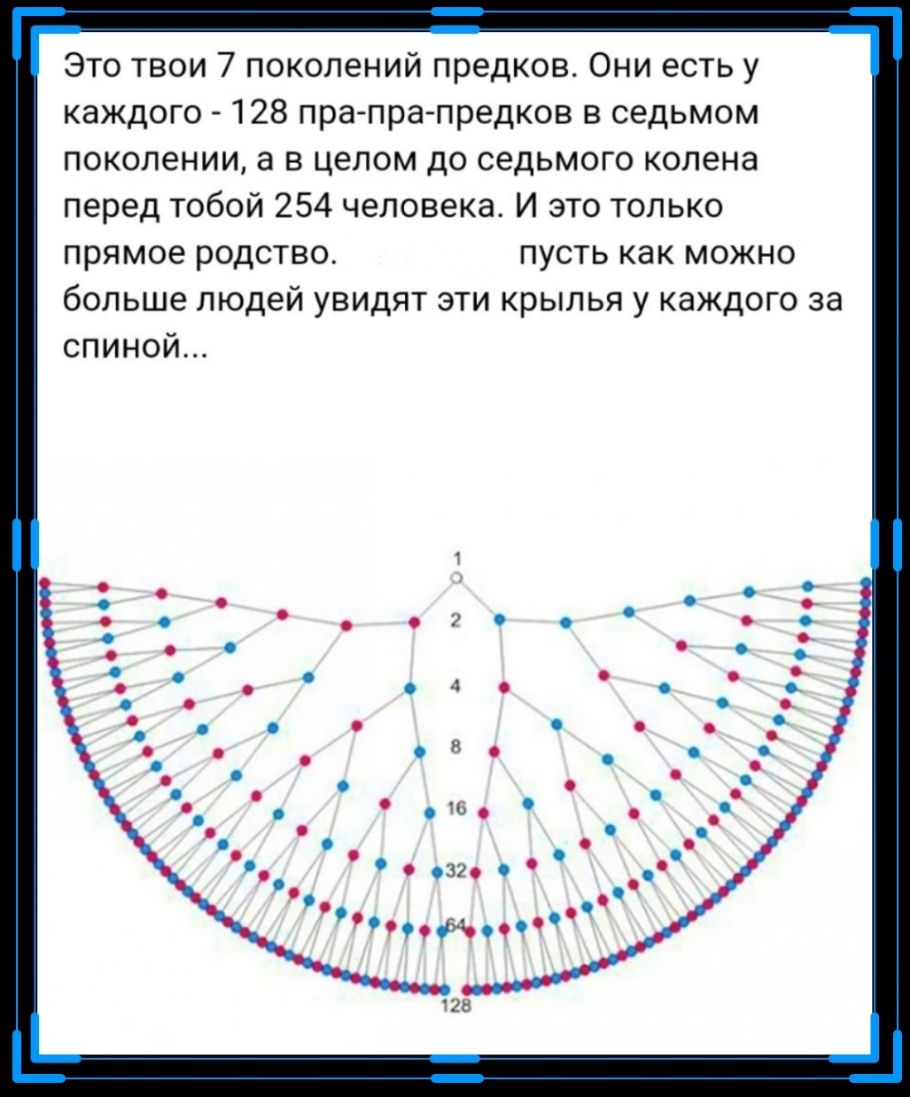 Это твои 7 поколений предков Они есть у каждого 128 пра пра предков в седьмом поколении а в целом до седьмого колена перед тобой 254 человека И это только прямое родство пусть как можно больше людей увидят эти крылья у каждого за спиной О оозуоо о 9009