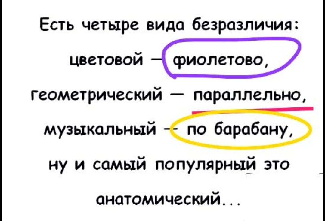 Есть четыре вида безразличии цветовой ФИОЛЗТОВО геометрический _ ПОРОЛЛЕЛЬНО музыкальный по барабану ну и самый популярный это анатомический