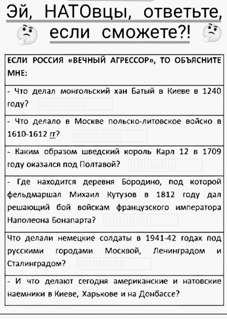 Эй, НАТовцы, ответьте, если сможете?! Что делал Батый в Киеве в 1240 году? Что делало польско-литовское войско в Москве в 1610–1612 гг? Как Карл XII оказался под Полтавой в 1709 году? Где Бородино и Кутузов в 1812? Что делают сегодня американские наёмники в Киеве, Харькове и Донбассе?