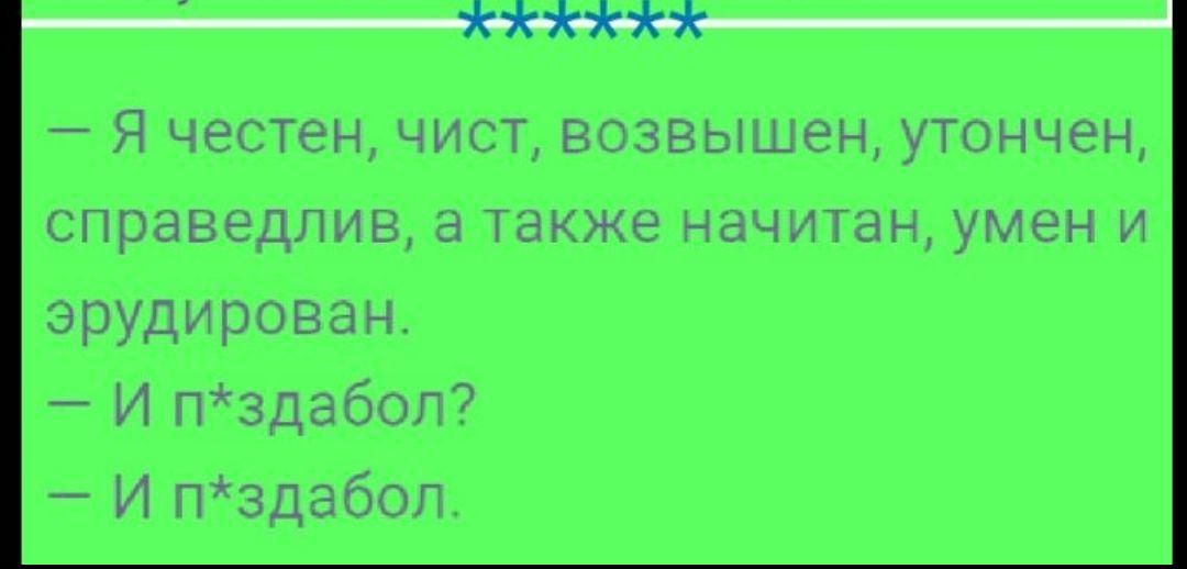 — Я честен, чист, возвышен, утончён, справедлив, а также начитан, умен и эрудирован. — И п*здабол? — И п*здабол.