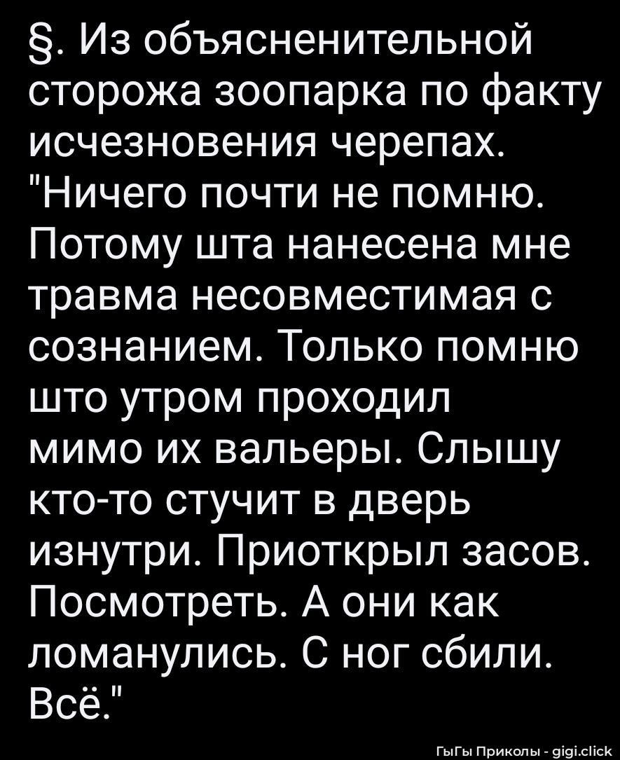 §. Из объяснительной сторожа зоопапка по факту исчезновения черепах. 