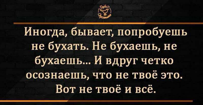 Иногда бывает попробуешь не бухать Не бухаешь не бухаешь И вдруг четко осознаешь что не твоё это Вот не твоё и всё