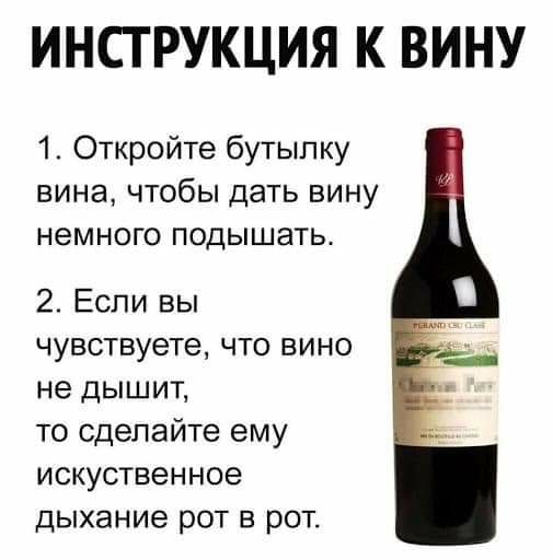 ИНСТРУКЦИЯ К ВИНУ 1 Откройте бутылку вина чтобы дать вину немного подышать 2 Если вы чувствуете что вино не дышит то сделайте ему искуственное дыхание рот в рот