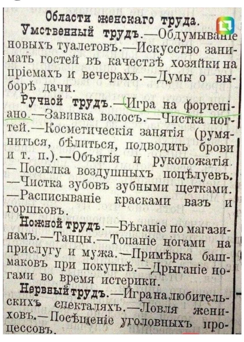 Области женскаго труда Умственный трудъОбдумыв е новыхъ туалетовъИскусство запи мать гостей въ качествъ хозяйки на пріемахъ и вечерахъДумы 0 вы боріз дачи Ручной трудъ г а на фортепі дщЗавпвка волосъ пс г тспЫосъ1стпческія запятія румя ннться бтшпться подводить брови и т пОбъятія н рукопожатія _Посылка воздушныхъ поцЪлуевъ _Чіхстка зубовъ зубными щетками Расписываніе красками вазъ и прислугу и між