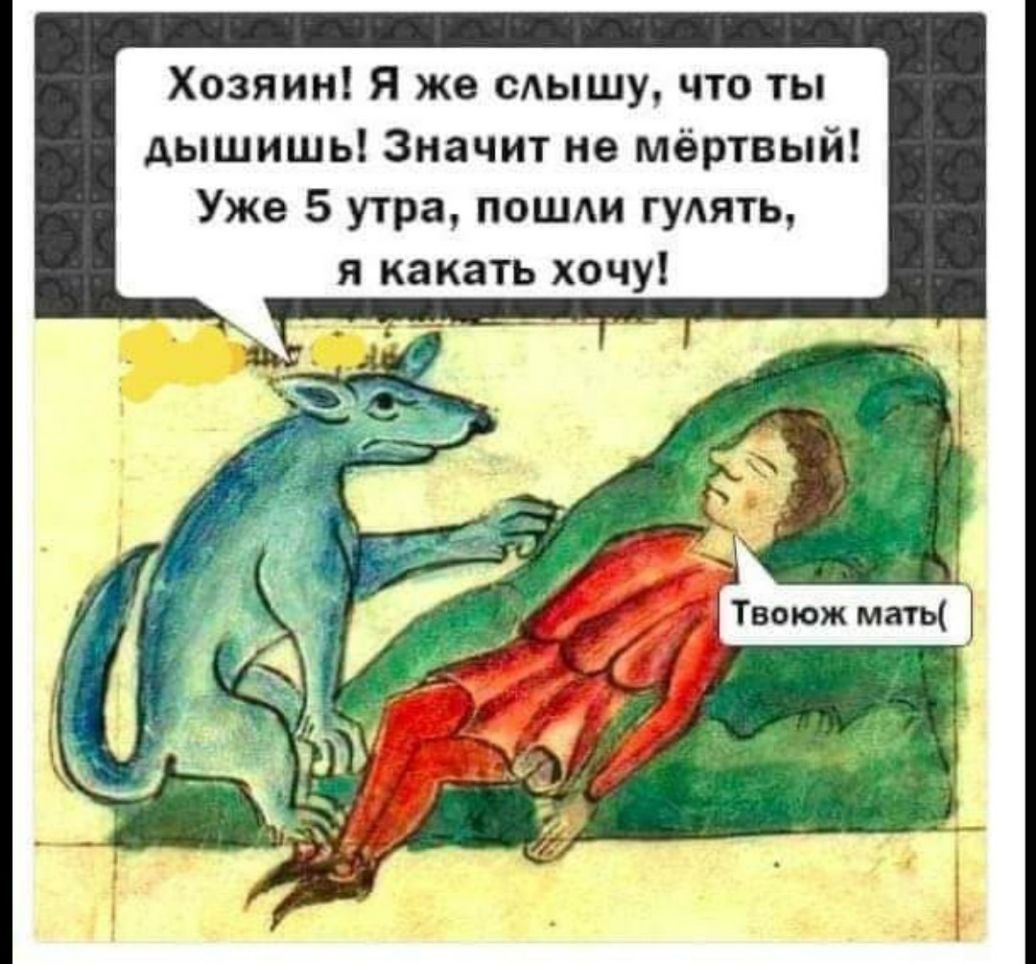 Хозяин я же сАышу что ты дышишь Значит не мёртвый Уже 5 утра пошли гудять я какать хочу