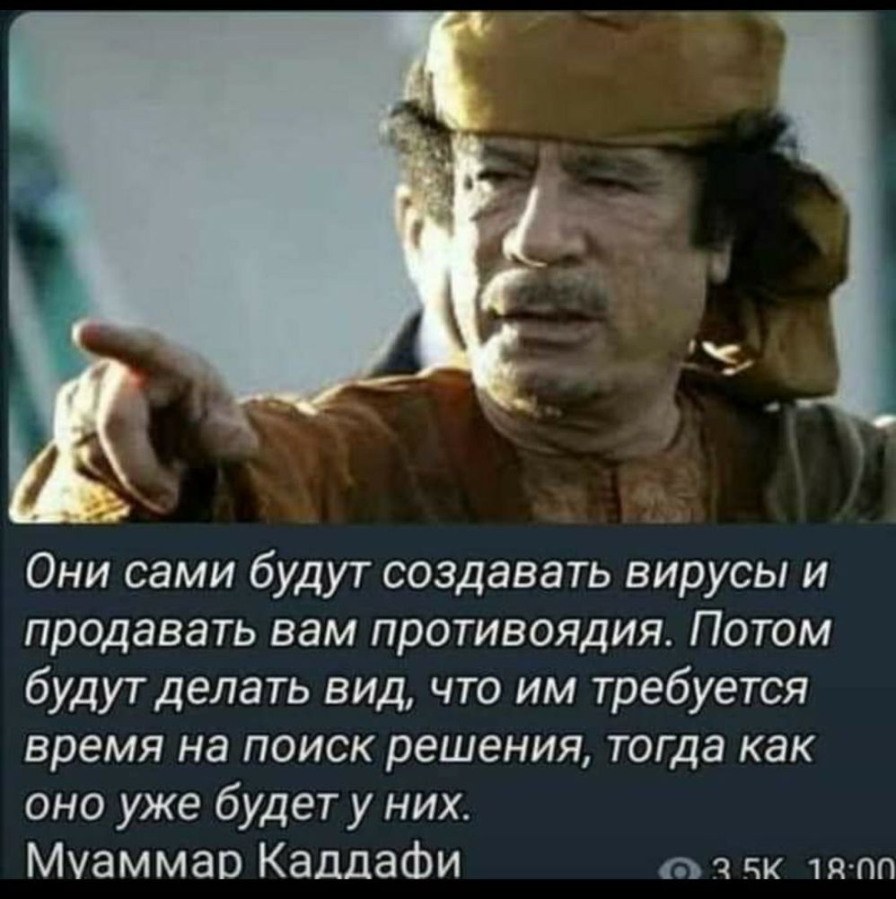 _ Они сами будут создавать вирусы и продавать вам противоядия Потом будут делать вид что им требуется время на поиск решения тогда как оно уже будет у них МУЭММЗО Каддафи а як 1я пп