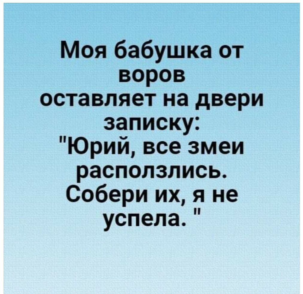 Моя бабушка от воров оставляет на двери записку Юрий все змеи расползлись Собери их я не успела