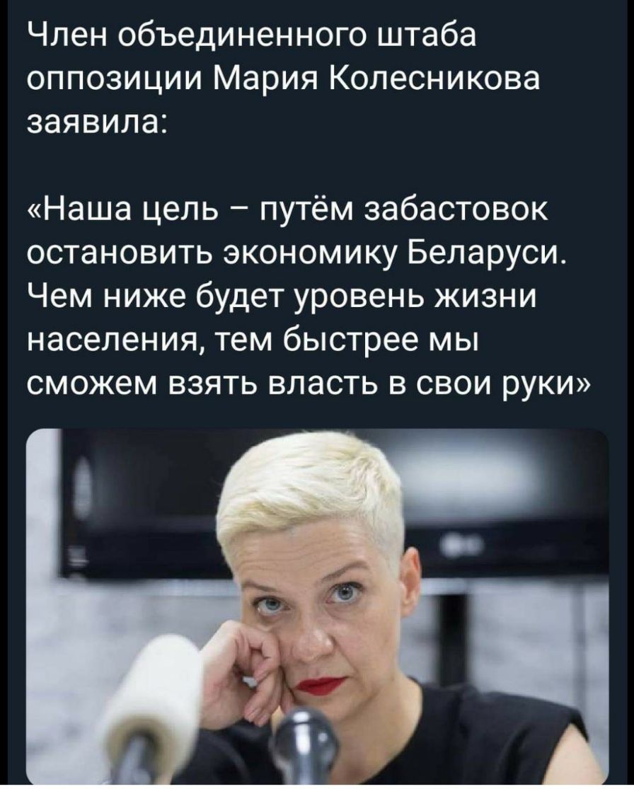 Член объединенного штаба оппозиции Мария Колесникова заявила Наша цель путём забастовок остановить экономику Беларуси Чем ниже будет уровень жизни населения тем быстрее мы сможем взять власть в свои руки
